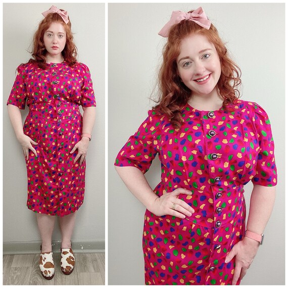 1980s Vintage Hot Pink Success Dress Rayon Dress /