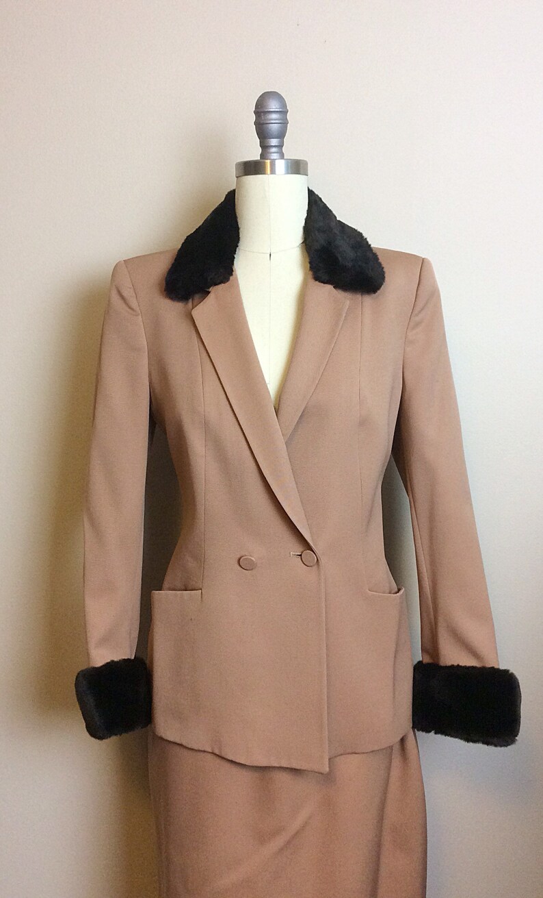 Vintage 1980s does 1940s Daniele O Paris Brown Wool Suit 80s Faux Fur Trim Skirt and Blazer Set Size Medium