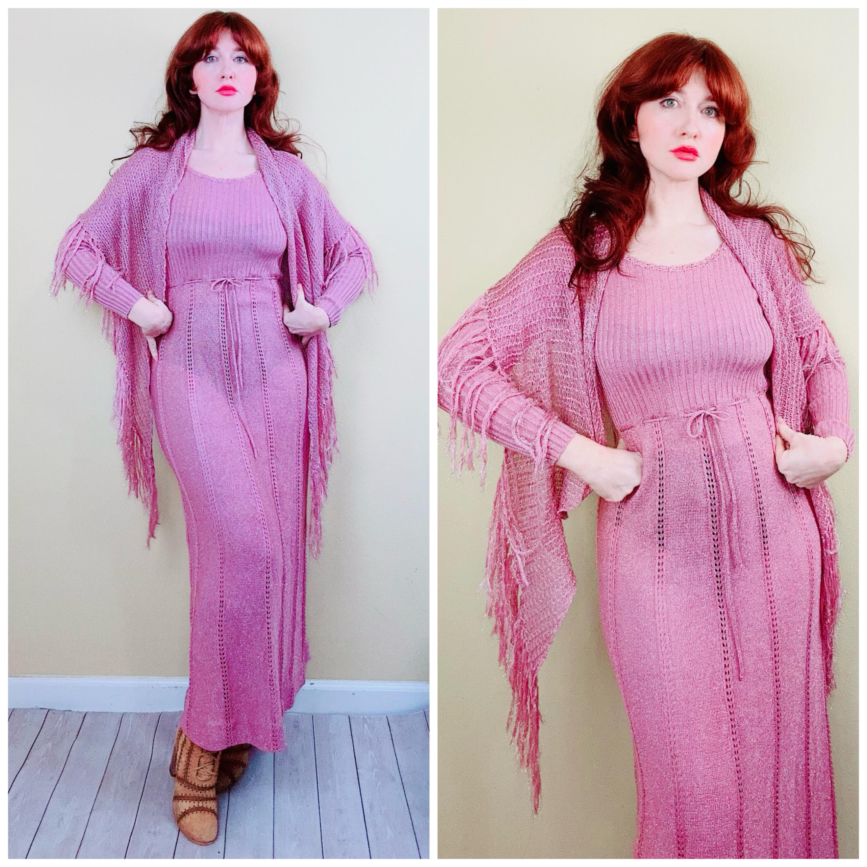 70s Shayne Acrylic / Metallic Pink Pointelle Knit Dress With