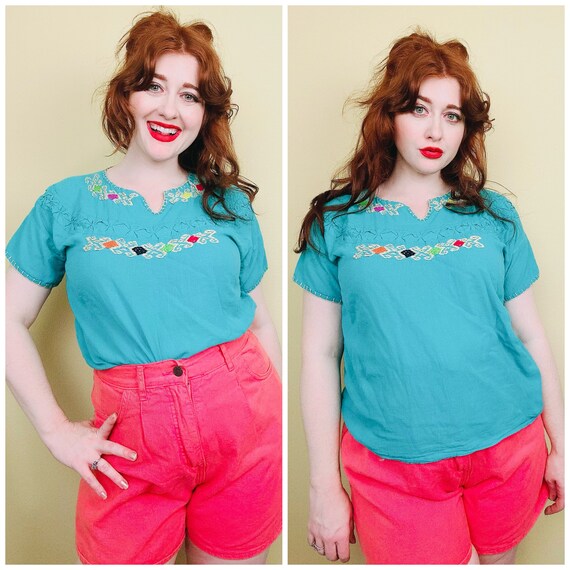 1980s Vintage Cotton Turquoise Peasant Blouse / E… - image 1