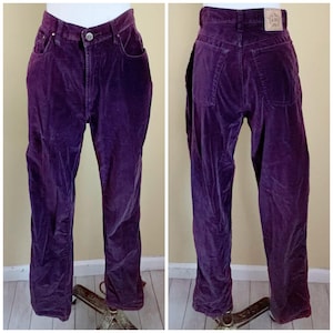1990s AMI Vintage Purple Velvet Pants Womens Plum Purple High Waist Straight Leg Pants Casual Retro Trousers Statement Pants / Medium