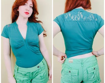 Y2K Roxy Gröna Bomullsshorts med Låg Höjd / Vintage Cargo Minishorts / Medium - Stor
