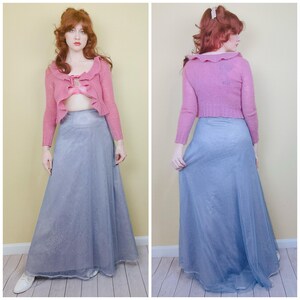 Y2K Express World Brand Mesh Blue Princess Skirt / Vintage Sequin Maxi Length Acetate Skirt / Size Small