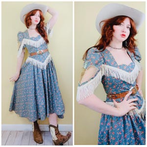 1980s Vintage Blue Floral Cotton Custom Western Dress / 80s Rodeo Prince Heart Cut Out Fringe Dress / Medium