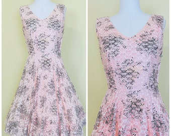 1950s Vintage Pastel Pink Soutache Ribbon Party Dress / 50s / Fifties Floral Fit and Flare Tulle Gown / Size Small - Medium