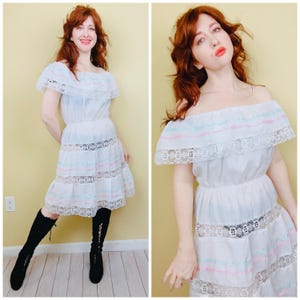 1980s Off-Shoulder Pastel Ribbon Dress: Vintage Lace Ruffle