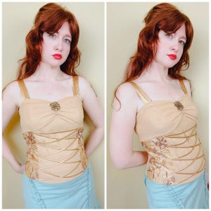 Y2K Yellow Embroidered Corset Bustier: Vintage Lace Up Top (L-XL)