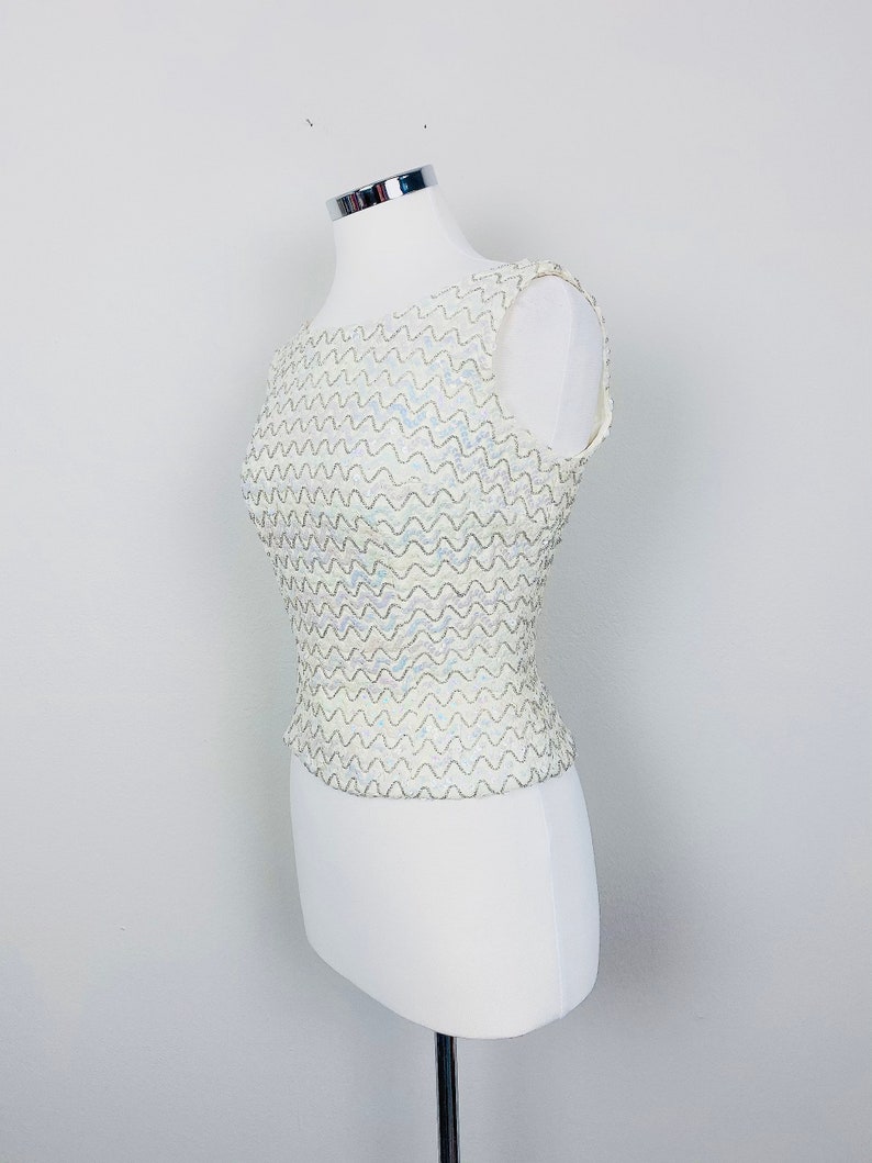 1960s Vintage Stephen O/'grady Cream Sequin Tank 60s Sixties Sequined Squiggle Blouse Size Small
