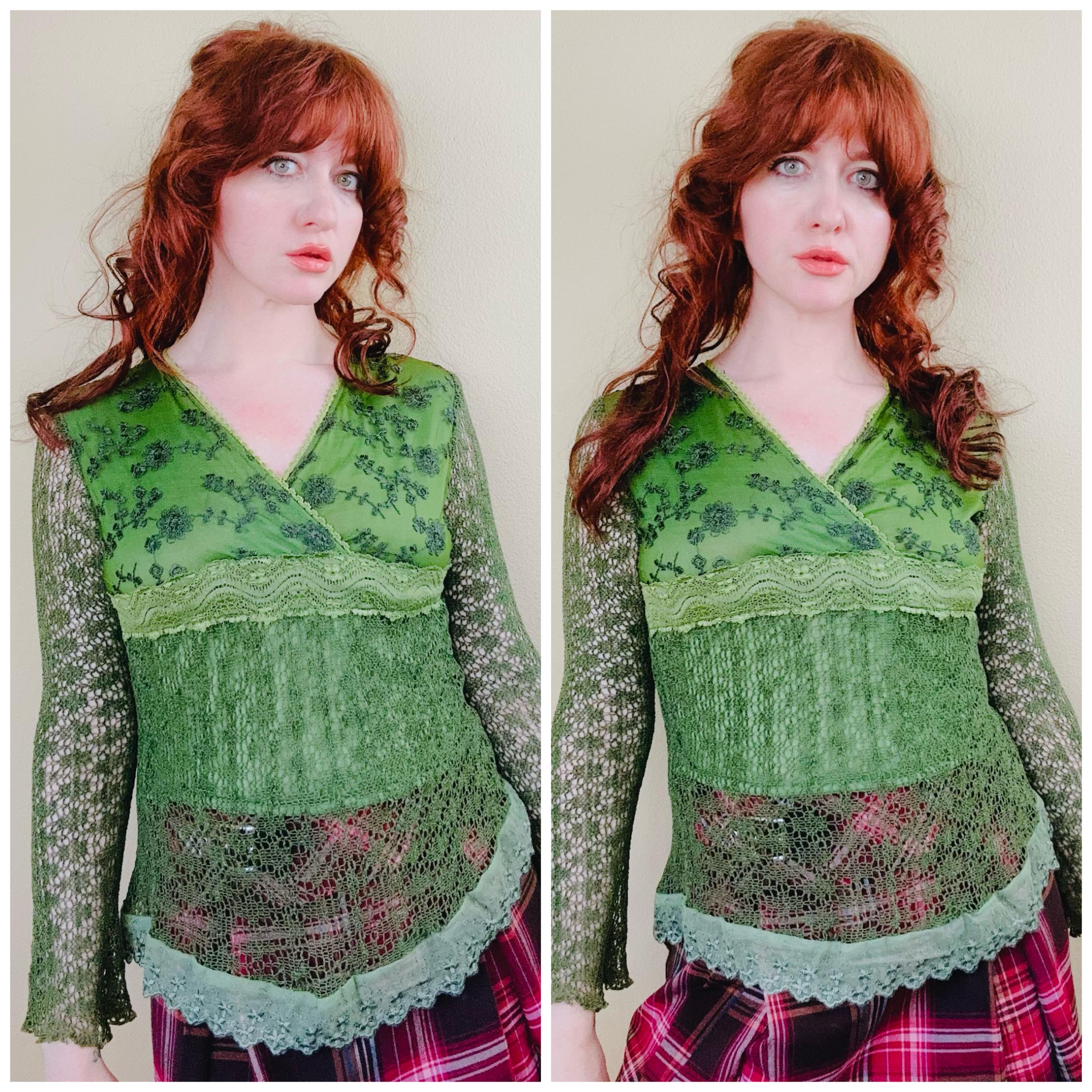 トップス used euro embroidery blouse Y2K Ebro Euro Green Lace Fairy Top / Vintage Floral Mesh