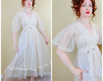 1970s Vintage Cream Mesh Swiss Dot Prairie Dress / 70s Romantic Lace Puffed Sleeve Maxi Gown / Size Small