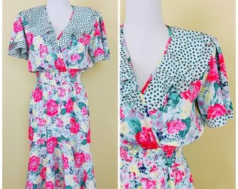 1980s Vintage Susan Tudor Pink Floral Dress / 80s Polka Dot Ruffle Wrap Smocked Waist Dress / Size Small - Medium