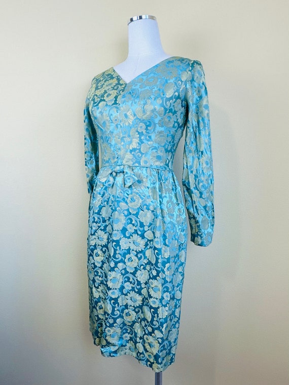 1960s Vintage Teal and Gold Floral Wiggle Dress / 60s… - Gem