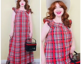 1970s Vintage Cotton Canvas Plaid Maxi Dress / 70s / Seventies Red and Blue Ruffled Pinafore Dress / Medium