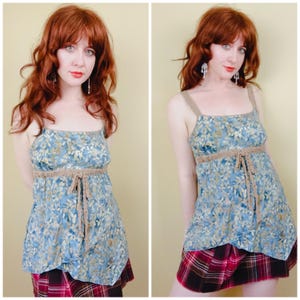 Y2K Vintage Blue Burnout Rayon Fairy Tank / Floral Santiki Empire Waist Babydoll Top / Medium