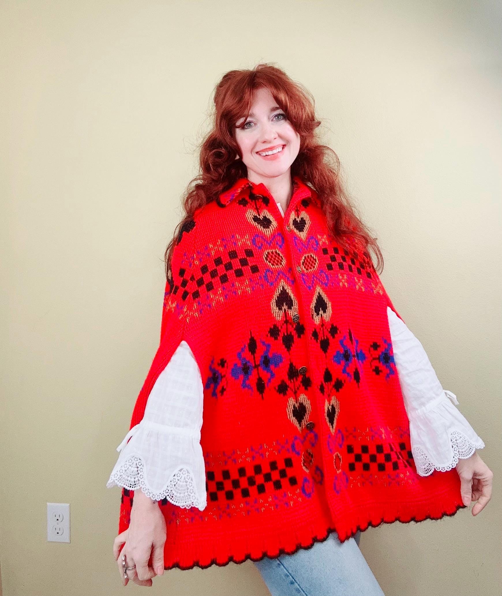 1970s Sturbridge Acrylic Knit Cape: Red Heart & Windmill Poncho - Etsy