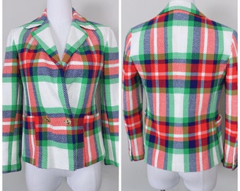 1970s Vintage Acrylic Green and Red Plaid Blazer / 70s / Seventies Double Breasted Button Up Jacket / Size Small - Medium