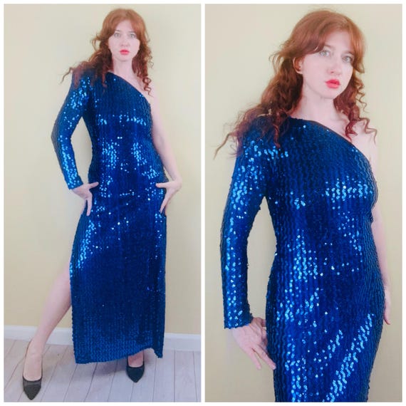 Vintage 80s Blue Sequin Knit Dress - Climax by David Howard - Etsy UK Vintage 80s Blue Sequin Knit Dress - Climax by David Howard - Etsy UK