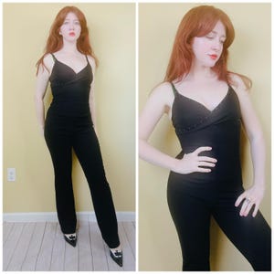 Y2K Black Spandex Rhinestone Trim Jumpsuit / Vintage Stretch Wrap Bust Flared Leg Catsuit / Medium