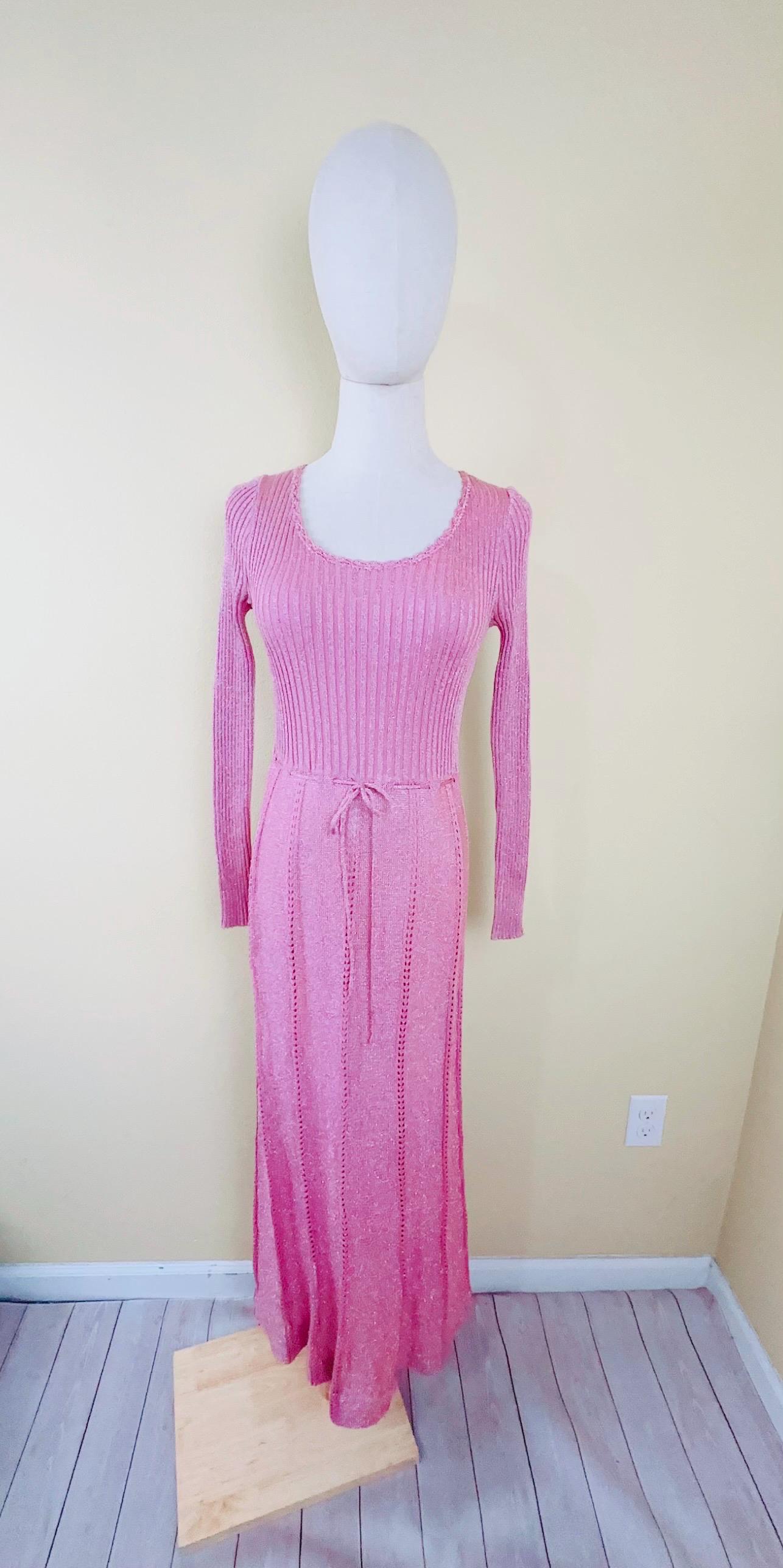 70s Shayne Acrylic / Metallic Pink Pointelle Knit Dress With