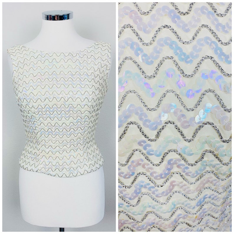 1960s Vintage Stephen O/'grady Cream Sequin Tank 60s Sixties Sequined Squiggle Blouse Size Small