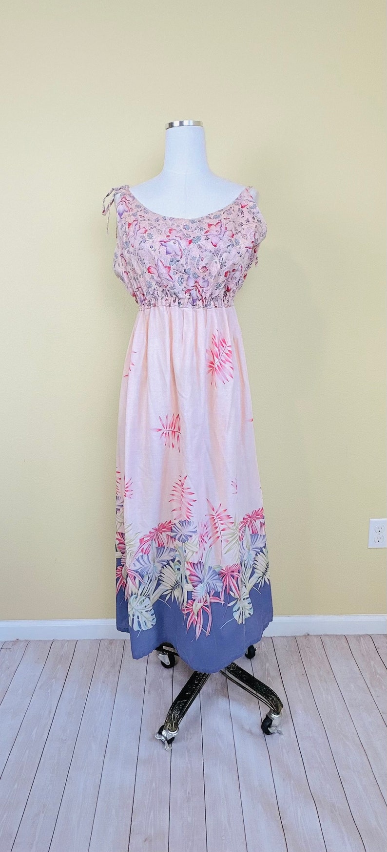 1970s Vintage Pink and Purple Floral Maxi Dress / 70s Cotton Reversible Hibiscus Gown / Size Large XL image 6
