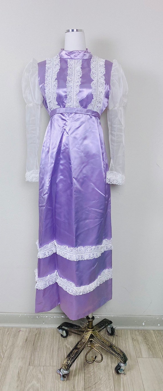 1970s Vinage Purple Satin Empire Waist Prairie Dr… - image 2