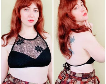 1990s Vintage Wild Cat Floral Lace Halter Crop Top / Black / Medium