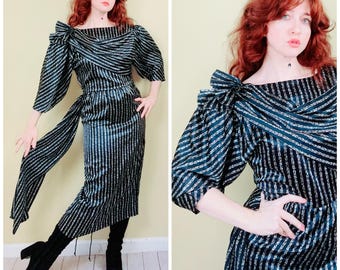 1980s Vintage Black Silky Glamorous Wiggle Dress / 80s Rope Print Draped Sash Dress / Large
