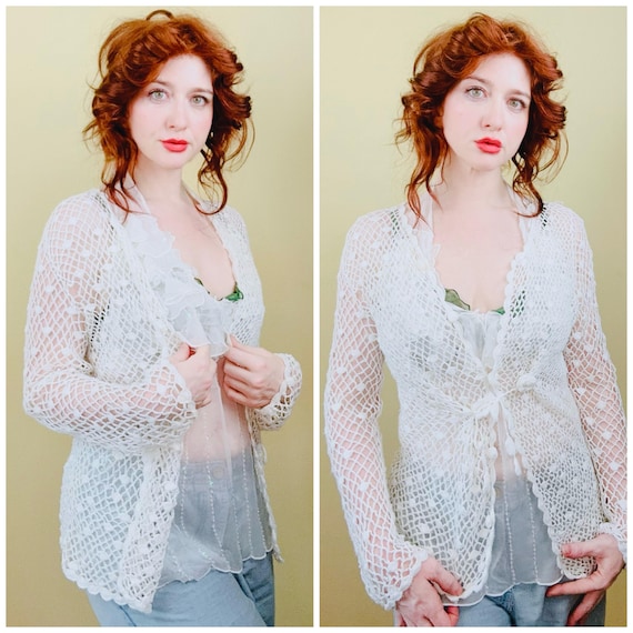 Vintage 80s Crochet Cardigan: Sheer Cottagecore 3D Flower Button