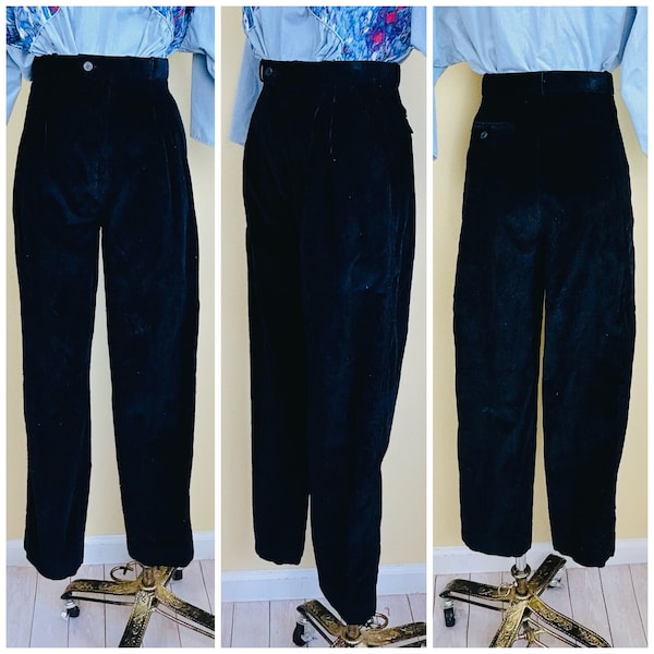 1980s Vintage Nordstrom Black Corduroy Trousers / 80s 100% Cotton Mid Rise Slim Cut Slacks / Pants / Medium