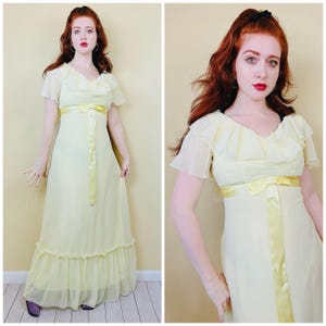 1970s Vintage Montgomery Ward Yellow Ruffled Maxi Dress / 70s Ribbon Ruffle Chiffon Gown / Size Small - Medium