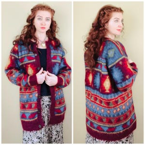 1990s Vintage Susan Bristol Mohair Cardigan / 90s Oversized Colorful Southwestern Knit Sweater / Small - Large
