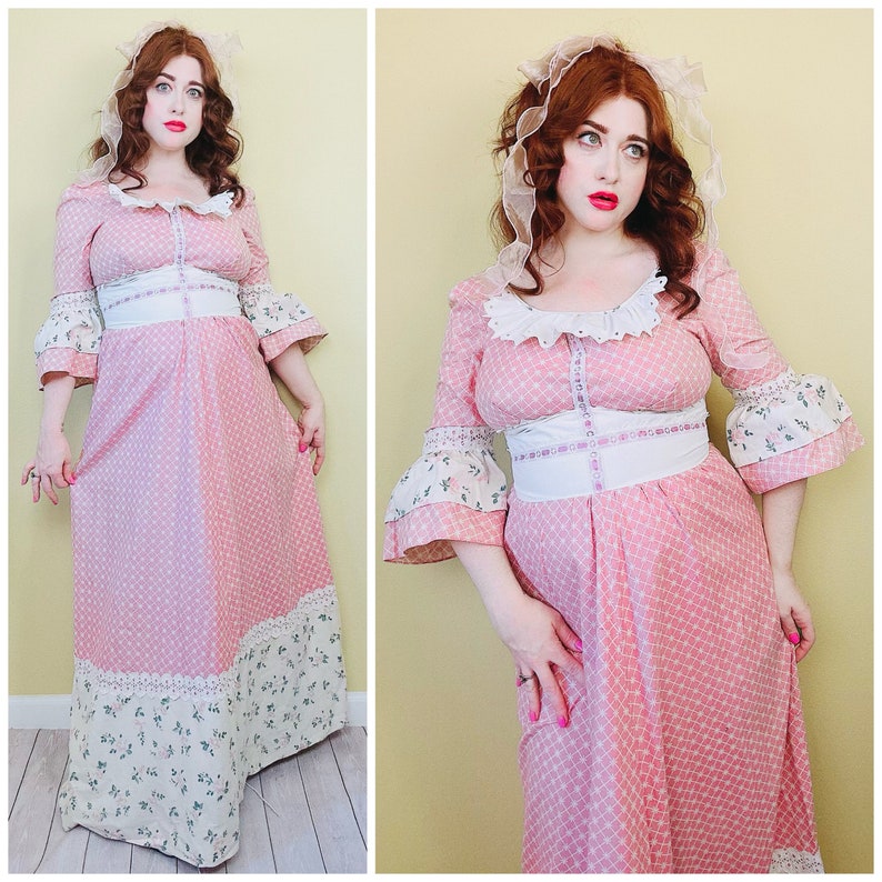 1970s Vintage Hilda Hawaii Pastel Pink Bell Sleeve Dress / 70s Magical Floral Gingham Ribbon Dolly Cotton Prairie Dress / Large image 1