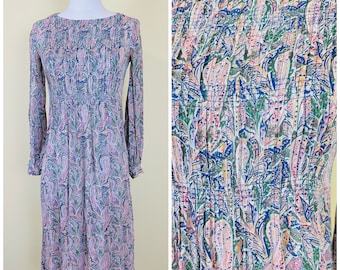 1990s Vintage Blue Paisley Chiffon Sheer Dress / 90s Pin Tuck Shift Dress / Size Small - Medium