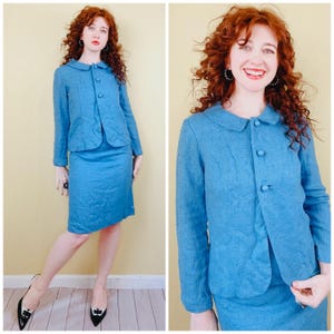 1960s Vintage Joseph Magnin Eggshell Blue Suit / 60s Mod Jacket and Pencil Skirt / XS - Small