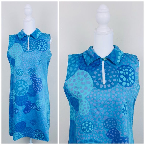 1970s Vintage Blue Abstract Print Cotton Dress / … - image 1