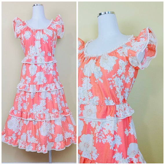 1970s Vintage Act 1 Peach Cotton Ruffled Dress / … - image 1