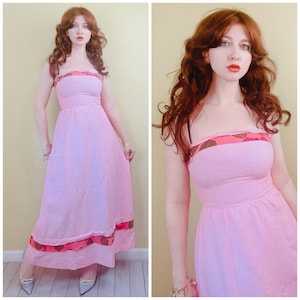 1960s Vintage Silk Pink Maxi Gown / 60s / Sixties Fitted Bodice Floral Print Dress / Size XS - Small