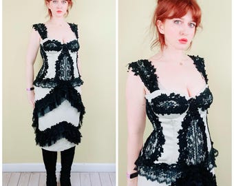 Abito corsetto romantico in seta e pizzo nero stile Mandalay Y2K / Small - Medium