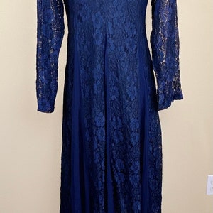 1990s Vintage Nostalgia Rayon Lace Dress / 90s Grunge Sheer Floral Navy Blue and Black Midi Dress / Size Small Medium image 4