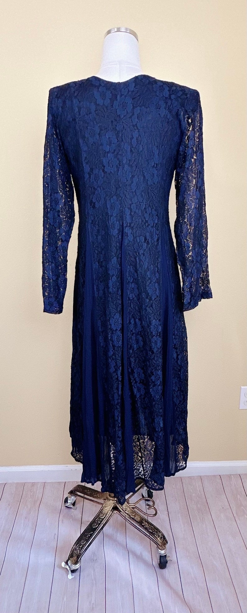 1990s Vintage Nostalgia Rayon Lace Dress / 90s Grunge Sheer Floral Navy Blue and Black Midi Dress / Size Small Medium image 4