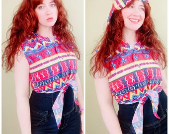 1990年代 レッドローバー サウスウェスタン レインボー コットン フード付きクロップトップ / M - L