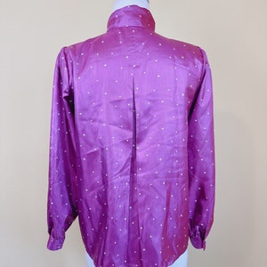 1980s Hanae Mori Tops Silky Blouse / 80s Magenta Pleated Ascot Star Print Butt Up Shirt / Small Medium image 4
