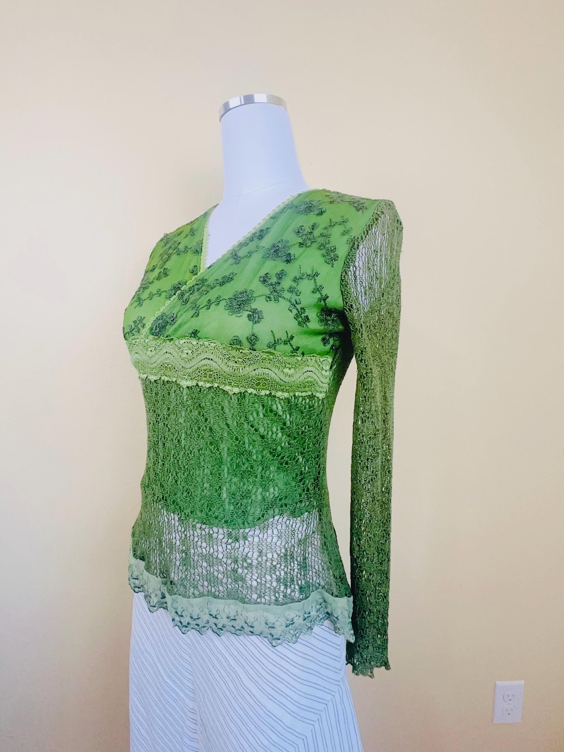 Y2K Ebro Euro Green Lace Fairy Top / Vintage Floral Mesh