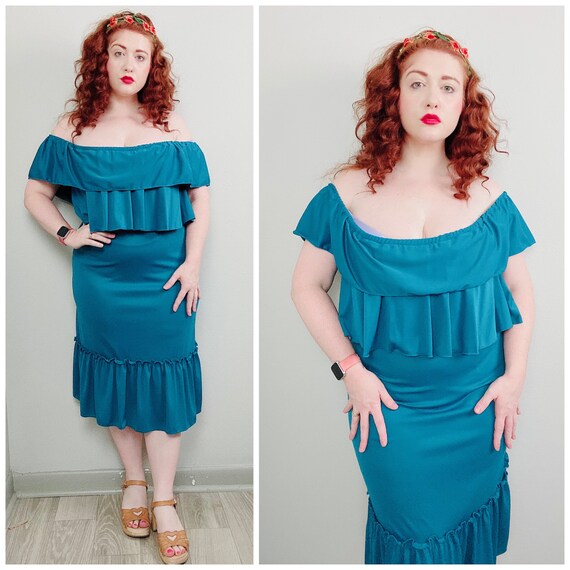 1970s Vintage Teal Polyester Tiered Dress / 70s /