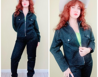 1990s Panhandle Slim Vintage Western Suit | Black Glitter Jacket & Pants | Rhinestone Western Wear | Cowboy Glam Outfit | Rodeo Suit | Large