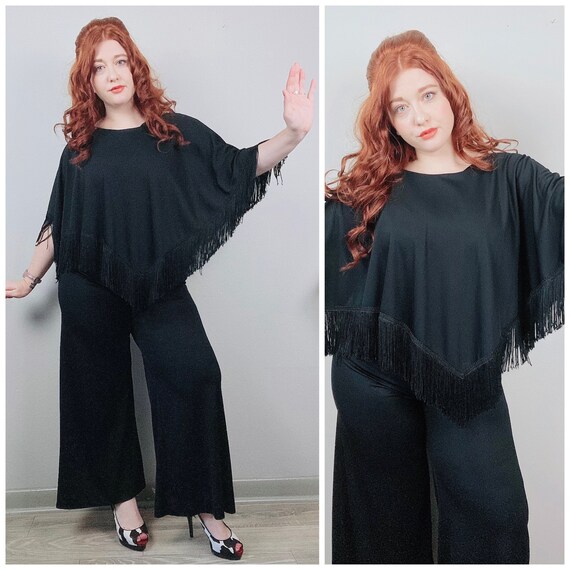 1970s Vintage Black Poly Knit Cape Jumpsuit / 70s