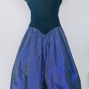 1980s Vintage Dessy Creations Sheer Illusion Party Dress / Velvet and Blue Metallic Taffeta Prom Gown / Size Medium image 2