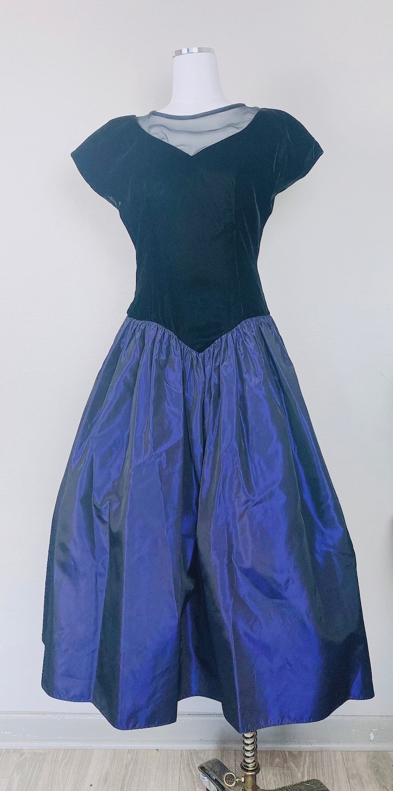 1980s Vintage Dessy Creations Sheer Illusion Party Dress / Velvet and Blue Metallic Taffeta Prom Gown / Size Medium image 2