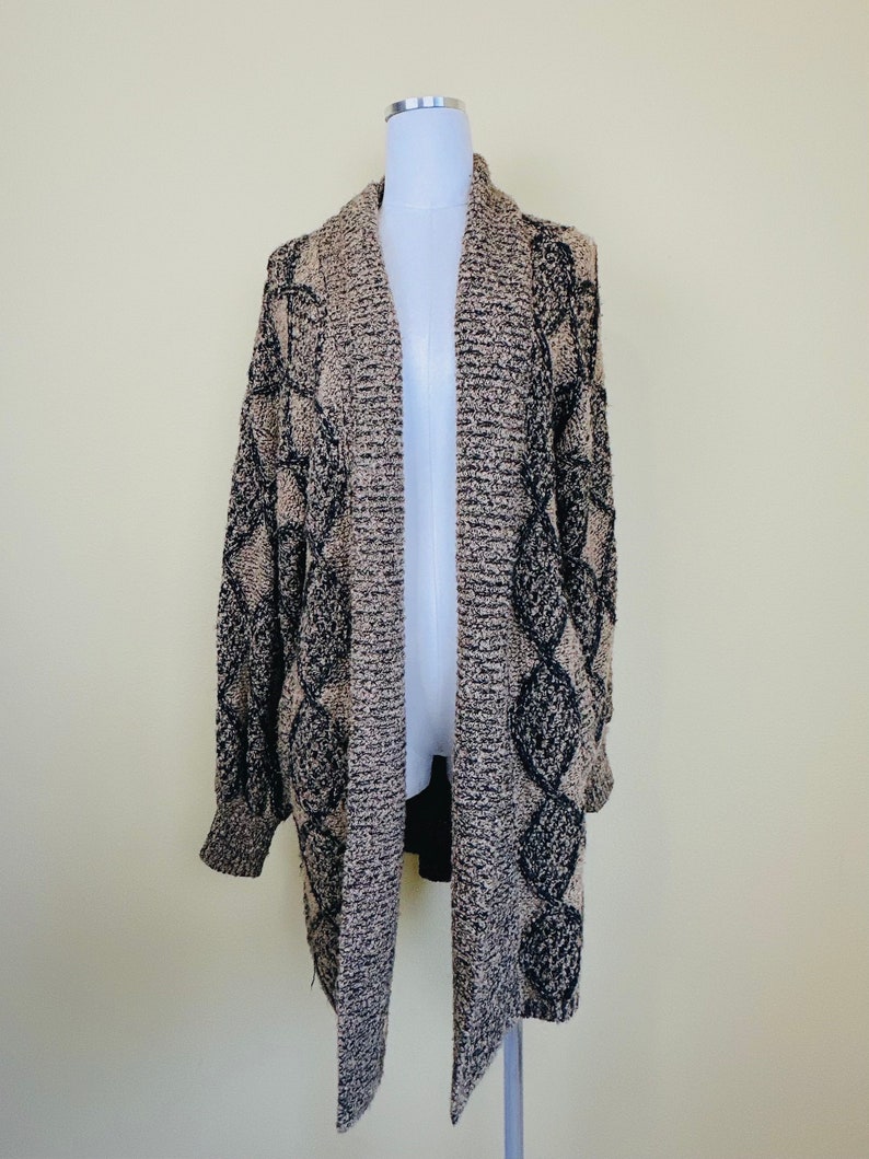 1980s Vintage Ashleigh Morgan Brown and Black Boucle Sweater / 80s Argyle Diamond Cocoon Cozy Oversized Cardigan . One Size image 2